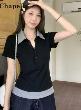拉夏贝尔黑色polo假两件拼接翻领短袖T恤女夏季设计感修身上衣