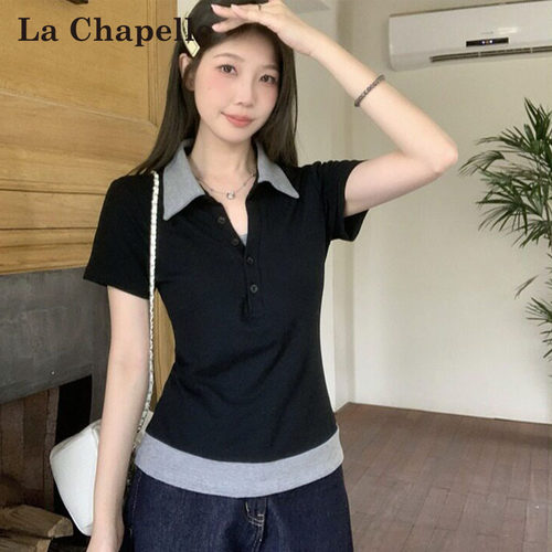 拉夏贝尔黑色polo假两件拼接翻领短袖T恤女夏季设计感修身上衣