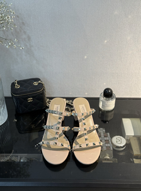 华子铆钉真皮一脚蹬懒人拖6cm