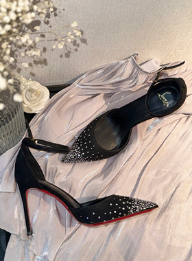 【Luray】黑天鹅·绒面水钻红底细根高跟鞋