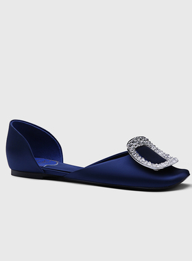 新款rv平底鞋水钻方扣绸缎中空圆头