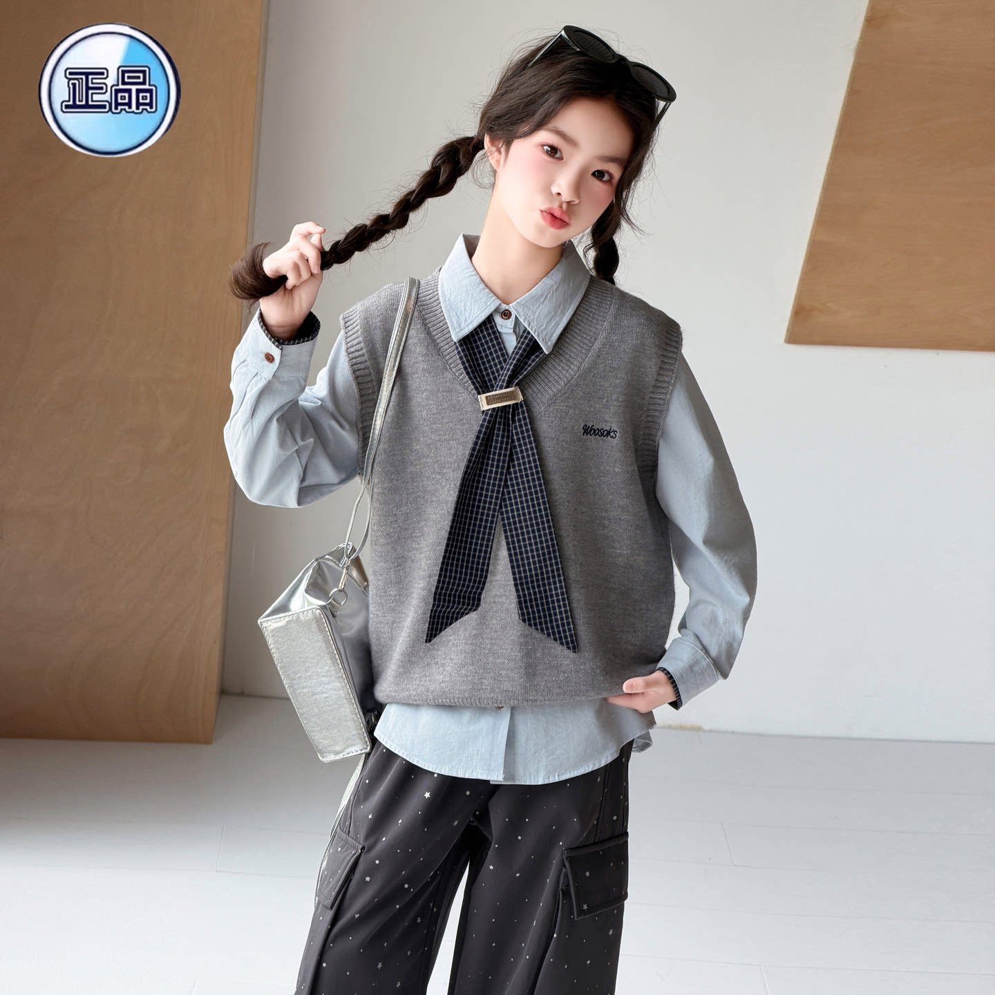 女童针织马甲衬衫套装春秋季