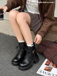 2025秋冬新款时尚圆头粗跟气质百搭皮带扣马丁靴女鞋厚底短靴系带