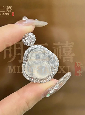 新款翡翠色925银镶嵌佛公冰种白玉髓大肚佛纯银项链吊坠玛瑙项链