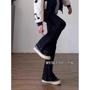 喇叭裤 夏季 高街直筒修身 黑色铆钉微喇弯刀牛仔裤 子 男cleanfit美式