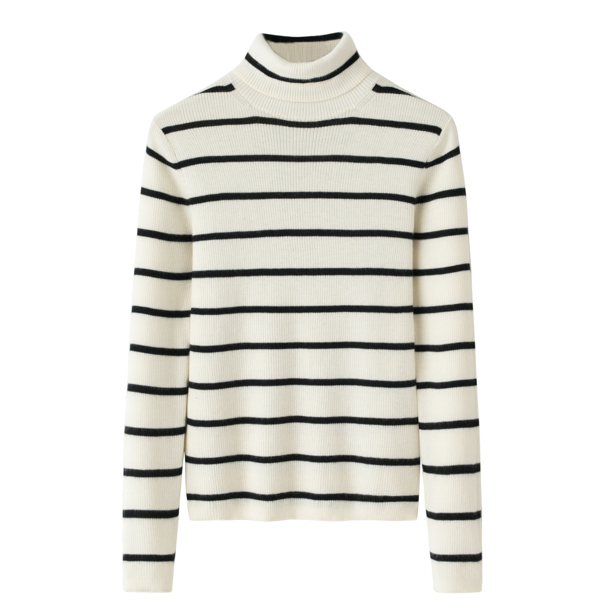 鄂尔多斯市100%精纺纯羊绒衫女装条纹高领显瘦薄款针织工厂直发