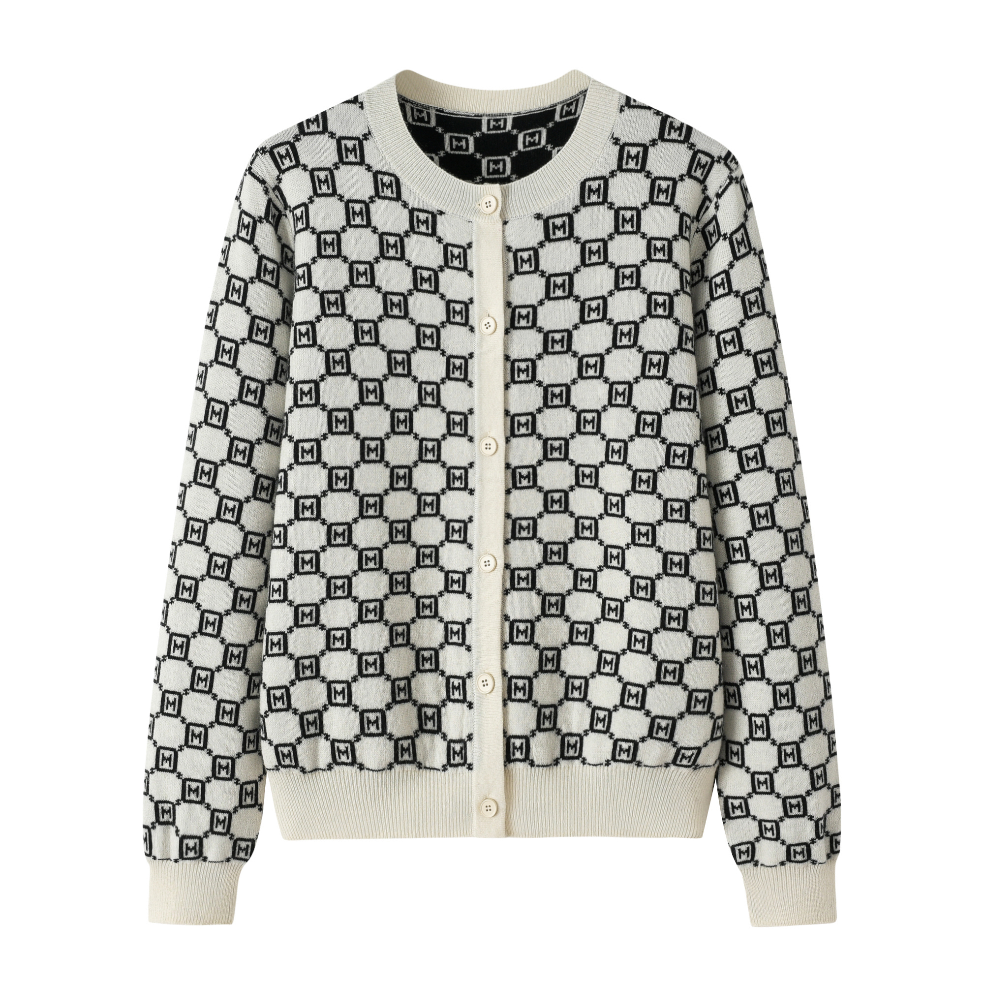 随性优雅！羊绒衫女开衫圆领加厚格子大码保暖针织毛衣毛衫外套