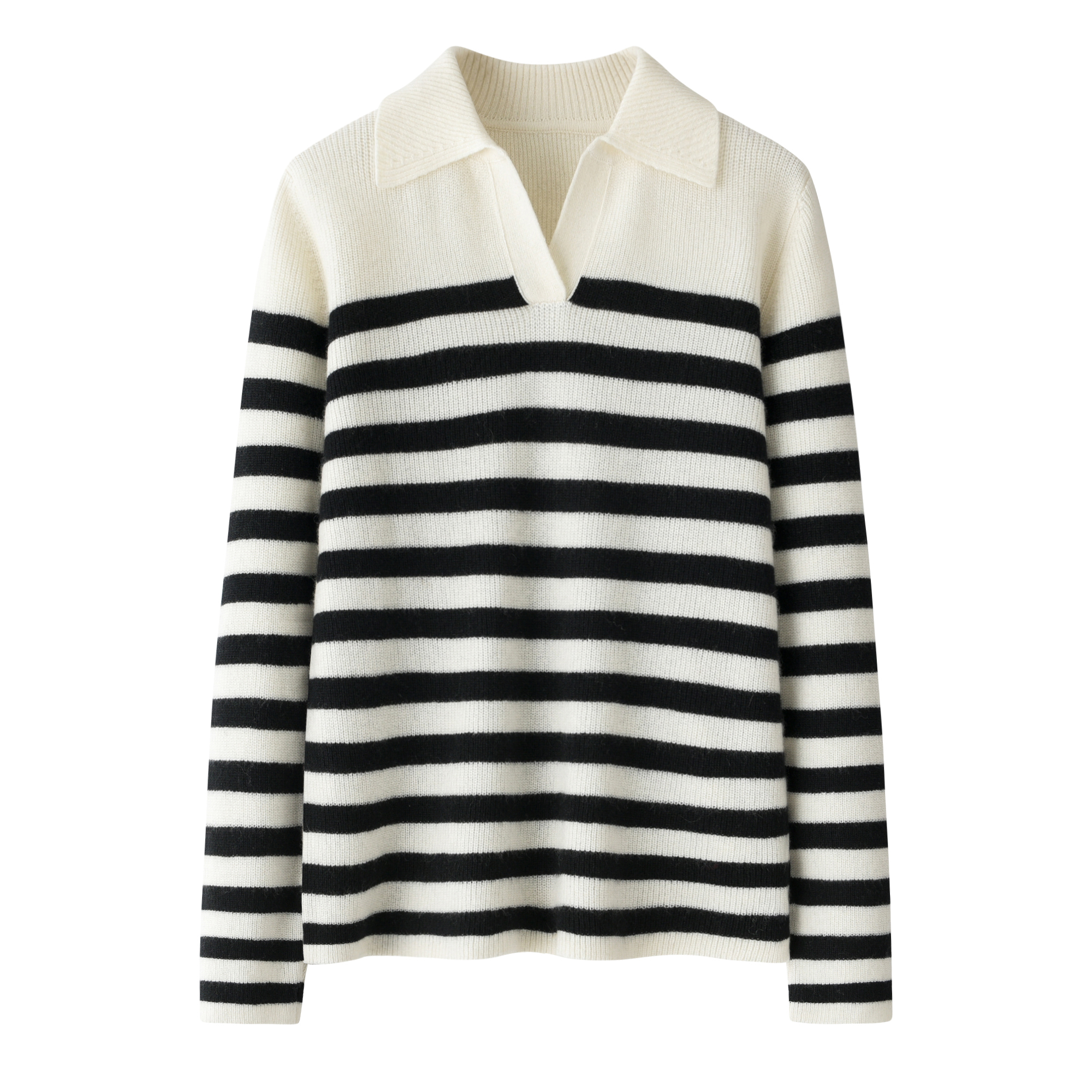 鄂市100%纯羊绒衫小翻领夹条单畦女套衫条纹宽松气质针织衫