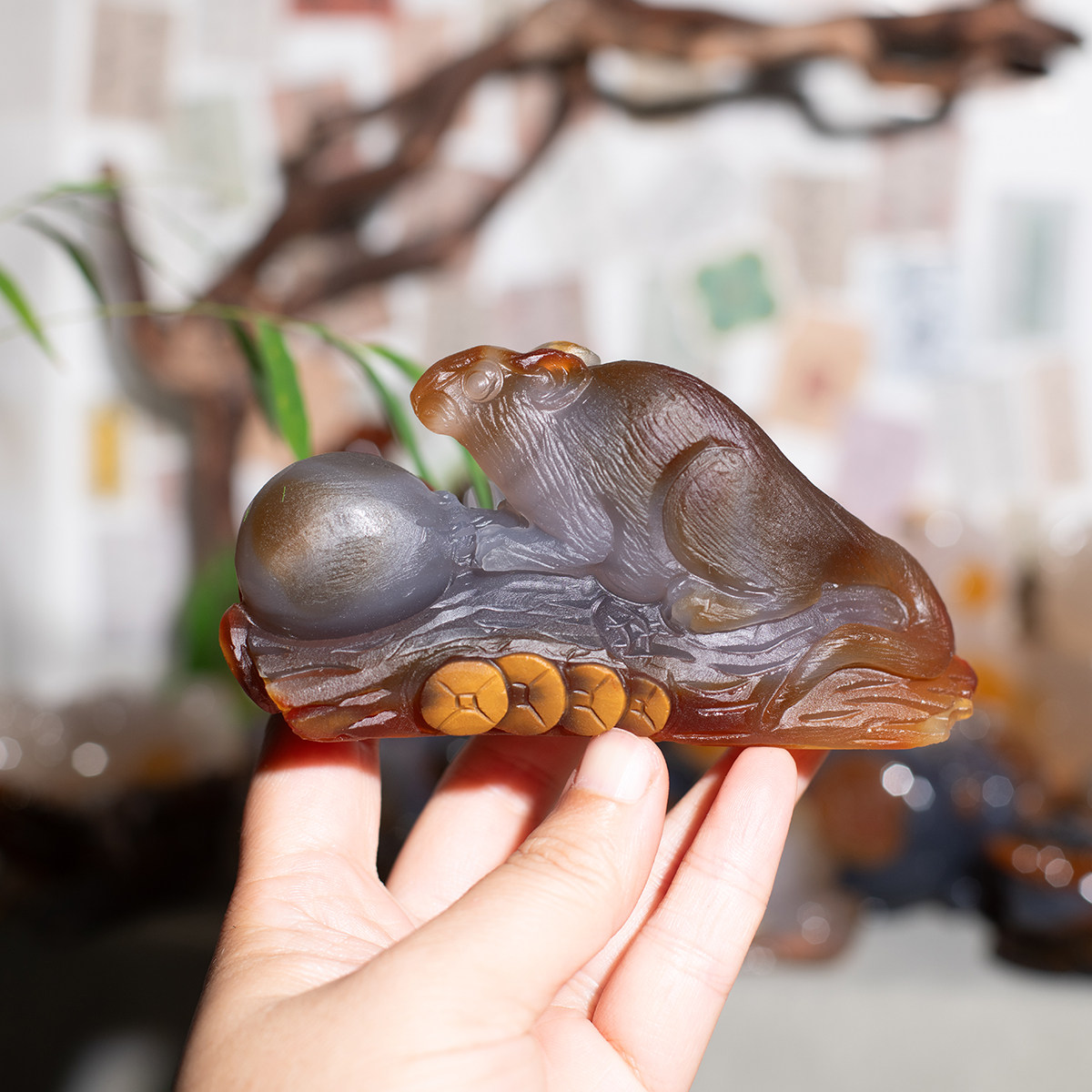 天然俏色玛瑙鼠钱摆件本命年礼