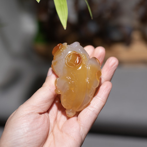 天然俏色玛瑙白菜百财聚手把件