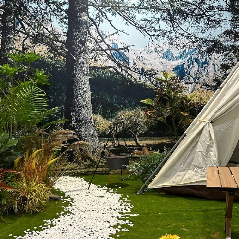 户外高山树木草地自然风景3d直播背景布野餐写生森林休闲风背景布