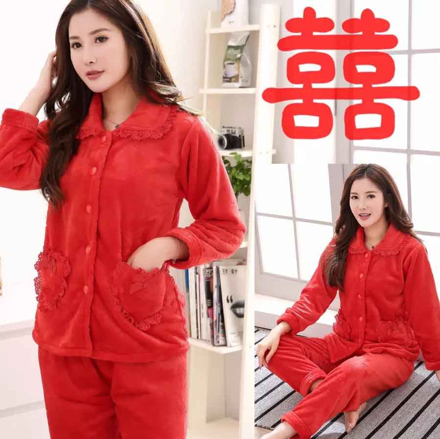 冬季女大红色本命年喜庆出嫁敬酒上轿服新娘加厚水貂绒珊瑚绒睡衣
