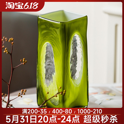 收获小屋中古风橄榄绿色玻璃花瓶民宿复古客厅桌面鲜花插花装饰品