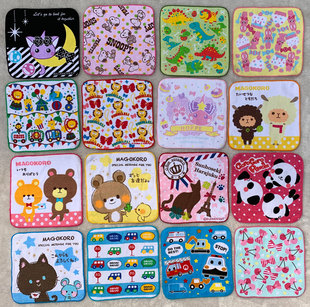 20x20cm日单可爱动物汽车外贸卡通全纯棉小方巾儿童擦汗小毛巾