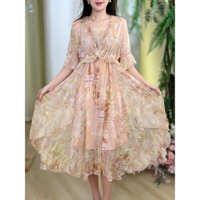 2409水晶香槟春夏高端女装大裙摆气质遮肉显瘦荷叶袖大码连衣裙