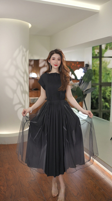 原创正版T119夏季新款时尚气质遮肉显瘦一字肩黑色高档长款连衣裙