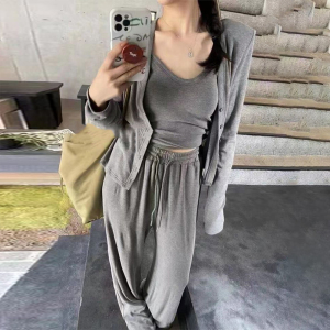 欧货灰色休闲运动阔腿裤套装女2023秋季短外套吊带背心长裤三件套