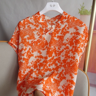 桑蚕真丝落肩短袖上衣新中国风斜襟衬衫宽松显瘦低立领超凉快透气