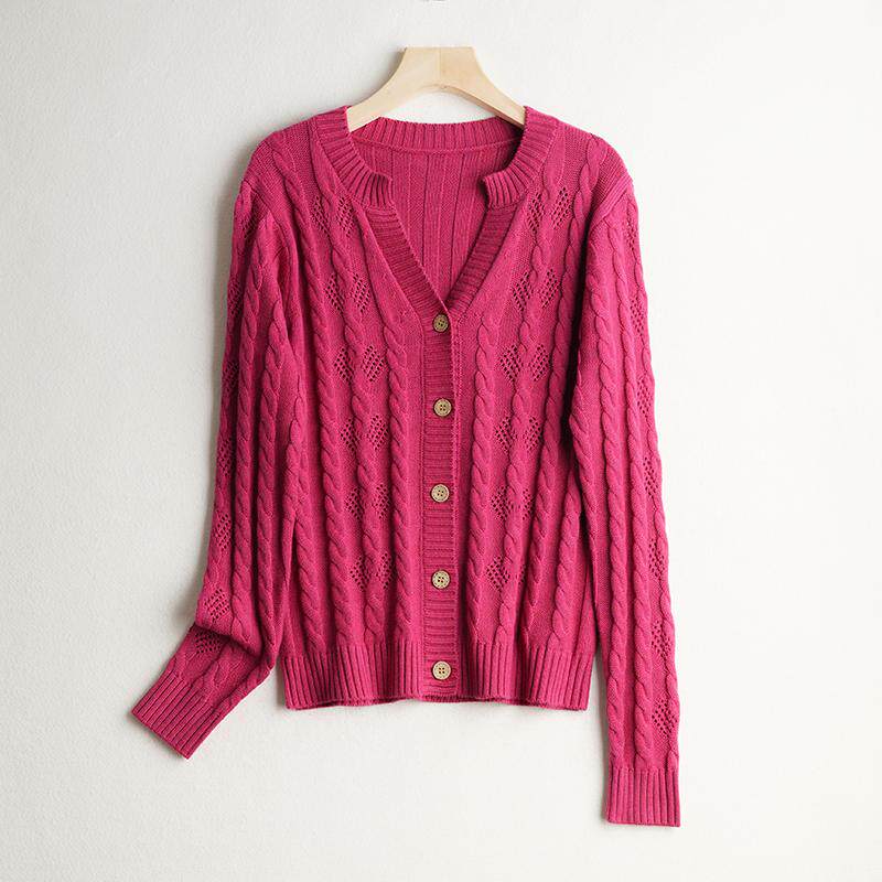 真丝羊绒针织开衫女士纯色麻花宽松长袖V领桑蚕丝保暖上衣外套