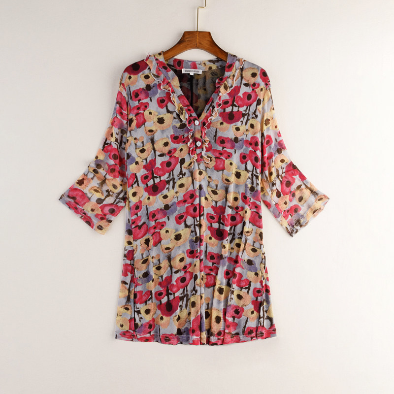 [CLEARANCE] SILK MESH PRINT TOP WOMENS MIDI MESH BREATHABLE MID-SLEEVE V-NECK PULLOVER