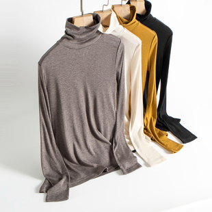 真丝长袖T恤女薄款桑蚕丝弹力螺纹坑条上衣纯色高领修身打底衫