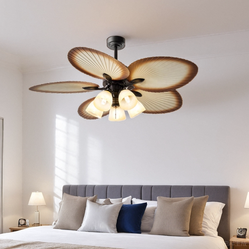 中古风扇灯餐厅卧室阳台吊扇灯高级大气客厅芭蕉叶静音美式吊扇灯