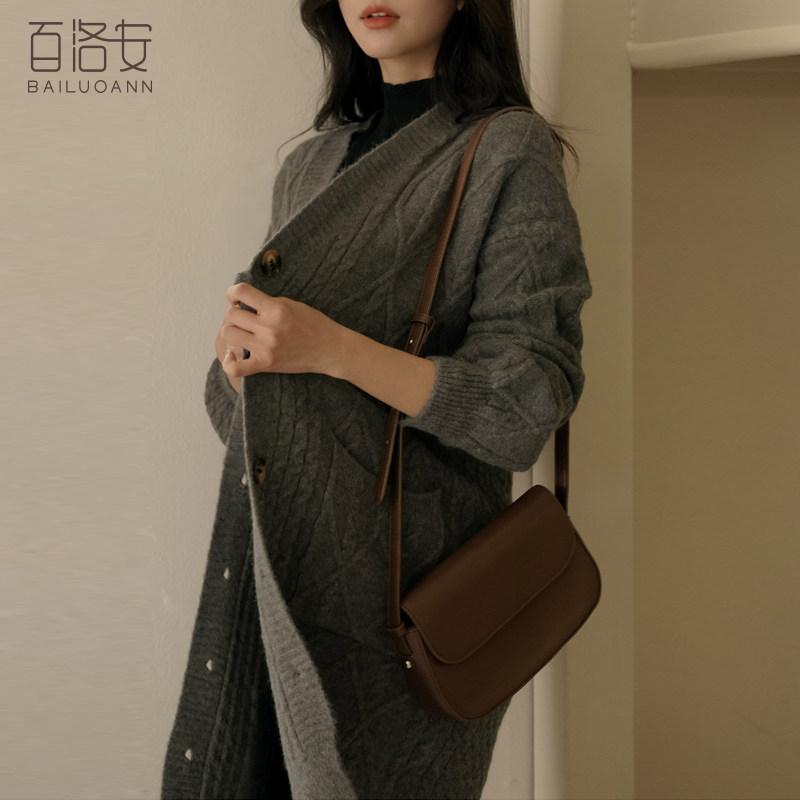 百洛安复古麻花毛衣外套女外搭春季新款慵懒风宽松中长款针织开衫