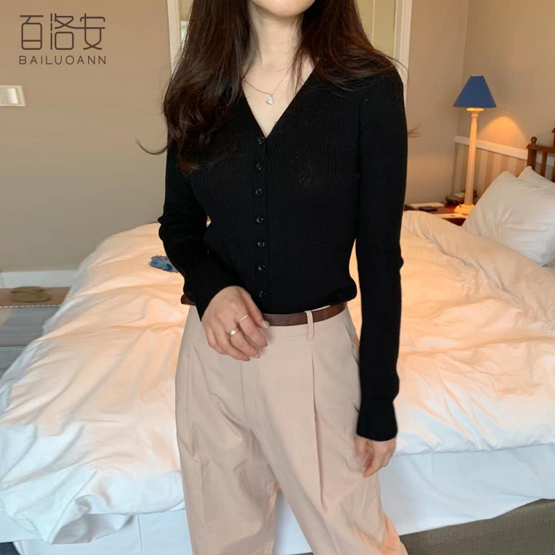 百搭纯色V领毛衣外套女百洛安V领