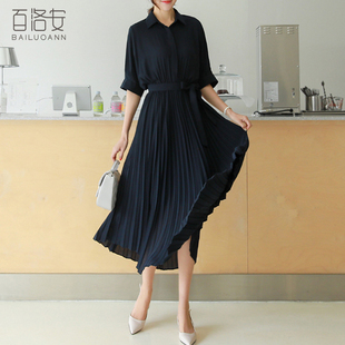 百洛安翻领连衣裙女夏装新款气质短袖纯色中长款百褶裙过膝长裙子