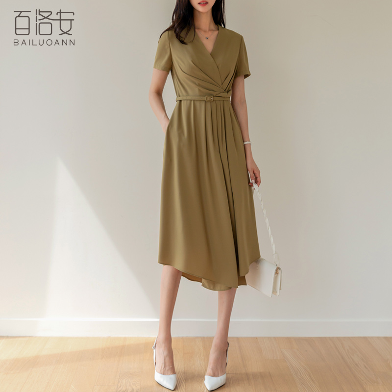百洛安时尚不规则V领短袖连衣裙
