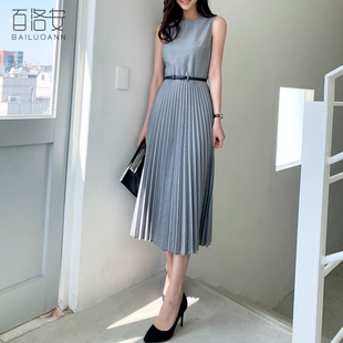 百洛安无袖百褶连衣裙女夏季新款时尚通勤高腰显瘦背心裙长裙子