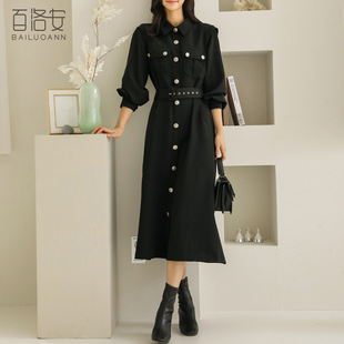 百洛安长袖连衣裙女春装新款气质通勤中长裙单排扣系带收腰a字裙