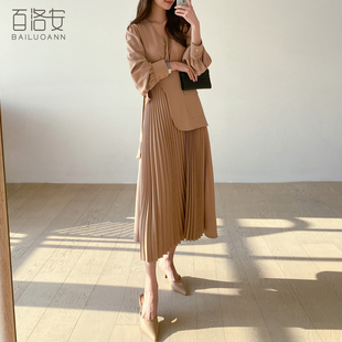 百洛安V领连衣裙女春季新款气质女神范中长裙拼接系带显瘦百褶裙