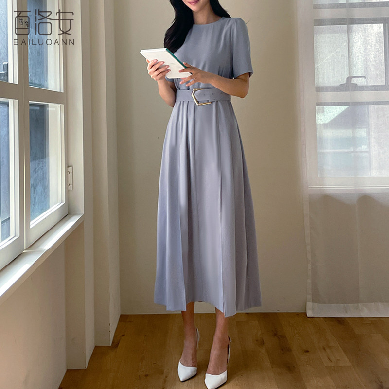 百洛安高腰显瘦知性OL连衣裙女夏新时尚设计感开叉圆领短袖长裙子