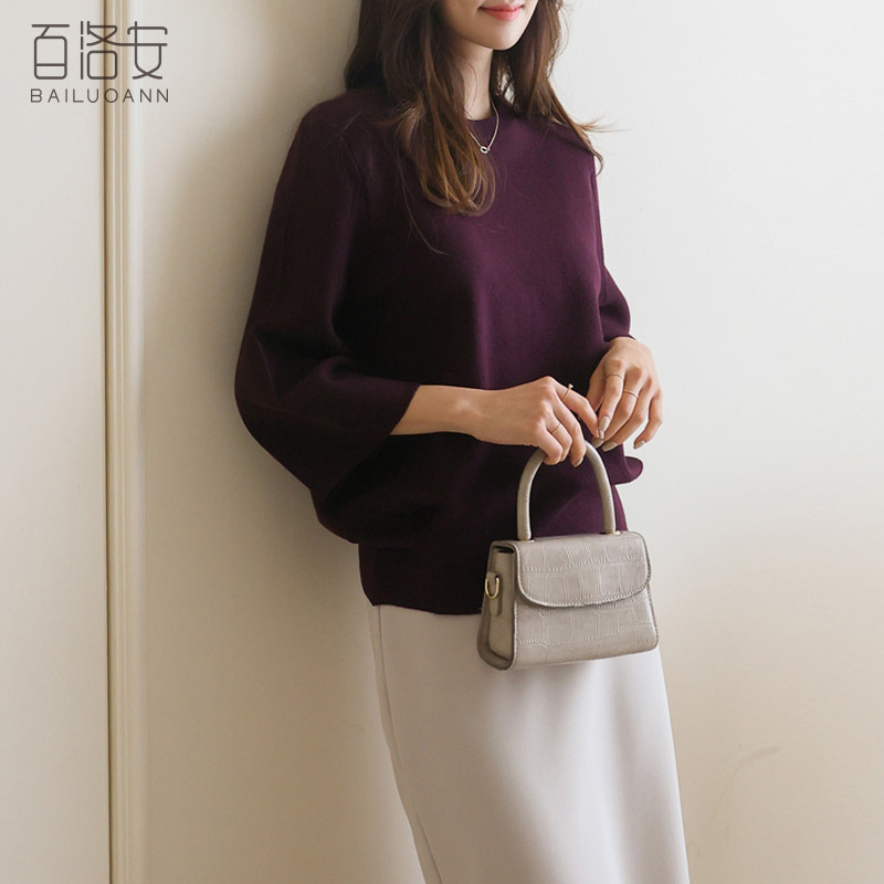百洛安宽松简约针织衫女春新款气质圆领显瘦上衣纯色套头毛衣上衣