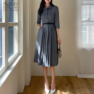 百洛安干练五分袖连衣裙女夏装新款气质翻领高腰中长款a字大摆裙