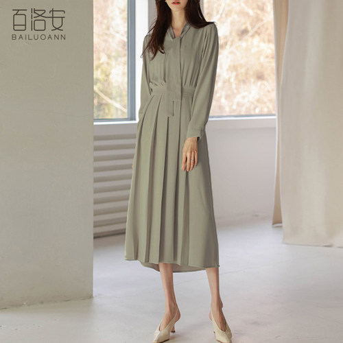 百洛安优雅飘带高腰连衣裙女长裙