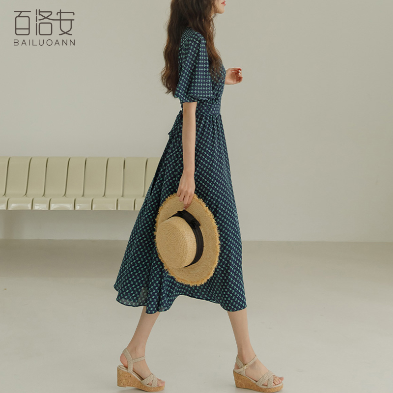 百洛安优雅气质印花连衣裙女夏新时尚V领短袖系带收腰a字大摆长裙