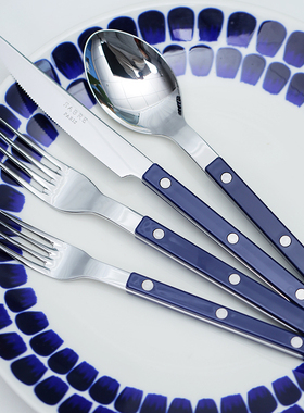 法国Sabre Paris不锈钢牛排刀叉子咖啡勺黄油刀西餐餐具蓝色复古