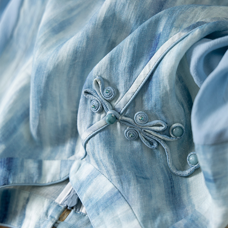 法国苎麻中式旗袍真丝短袖连衣裙