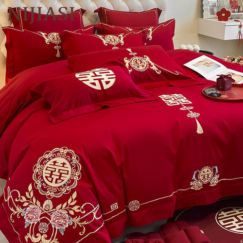 结婚婚庆大红色全棉磨毛四件套