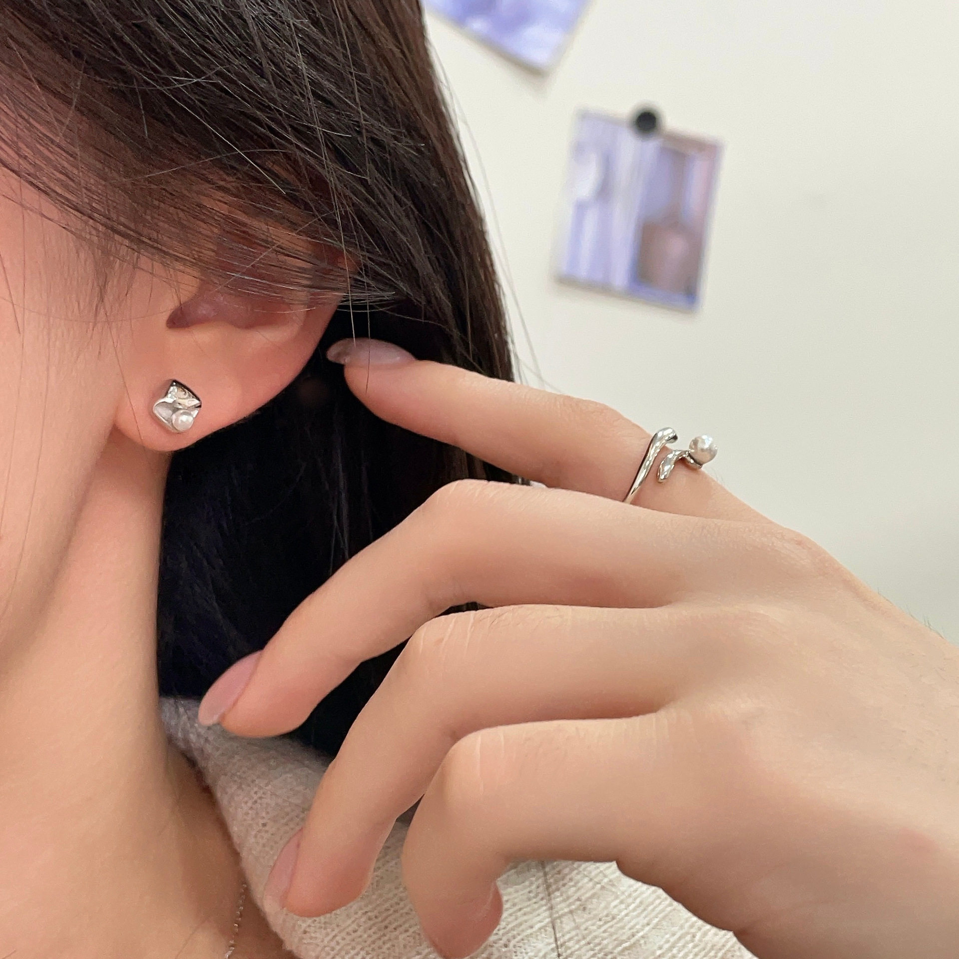 s925纯银韩版小众方糖珍珠耳钉女