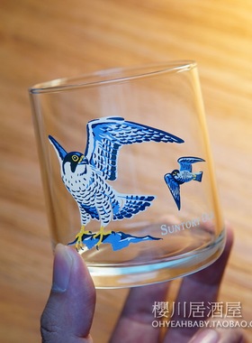 日本SUNTORY OLD三得利 蓝色鹰图案印花 玻璃杯威士忌酒杯洋酒杯