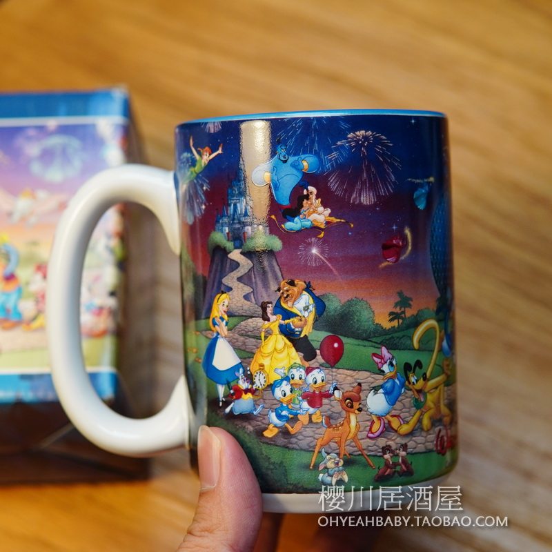 日本迪士尼世界2000纪念马克杯Disney米奇唐老鸭阿拉丁陶瓷杯水杯