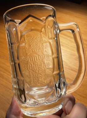 日本三得利SUNTORY WHISKEY透明水晶玻璃杯 威士忌杯洋酒杯带把手