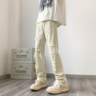美式高街街头童装痞帅裤子cleanfit假破洞毛边牛仔裤男微喇直筒裤