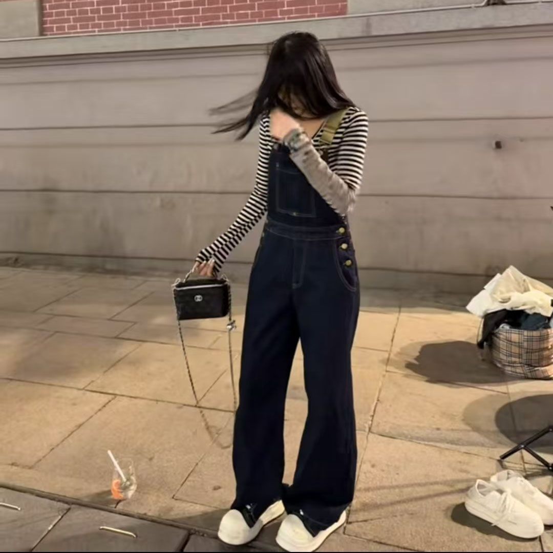 中大童夏季新款深蓝背带裤女夏天牛仔背带裤女童穿搭小个子背带裤图片
