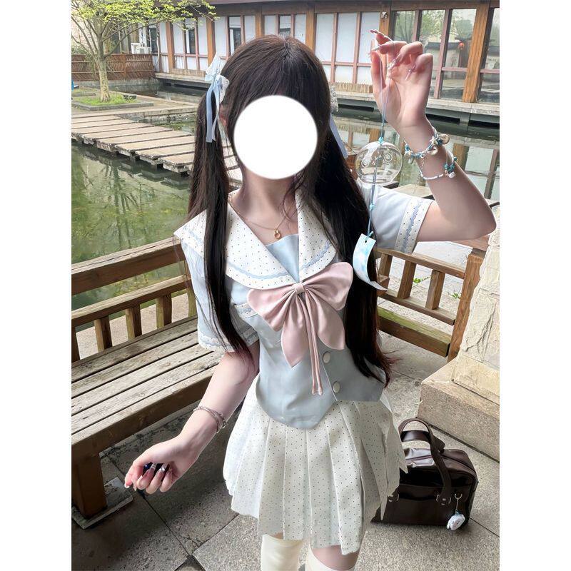 2026夏季新款中大童jk制服波点短裙水手服女童两件套装甜美学院风图片