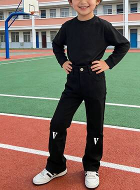 黑色牛仔裤男款春秋加绒直筒儿童学生版潮流纽扣休闲长裤ins男童