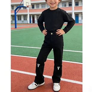 黑色牛仔裤男款春秋加绒直筒儿童学生版潮流纽扣休闲长裤ins男童